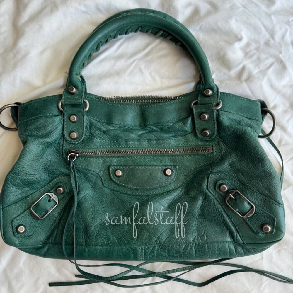 Auth Balenciaga S/S 2003 Emerald Chevre Leather Pewter HW First Shoulder Bag